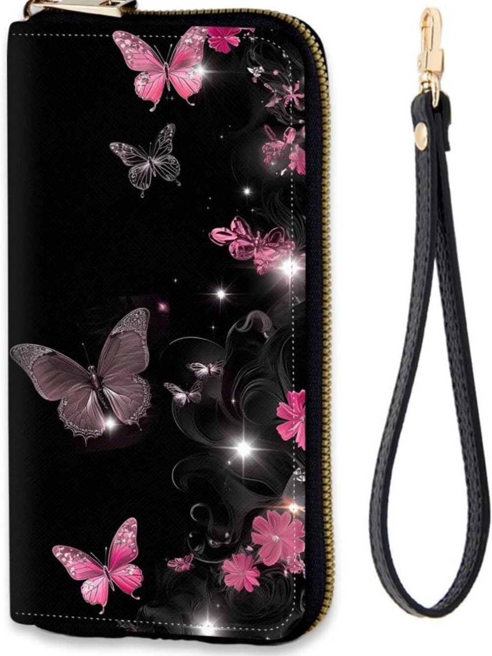 RFID Blocking Zip Wallet with Detachable Wrist Strap, Large Capacity Card